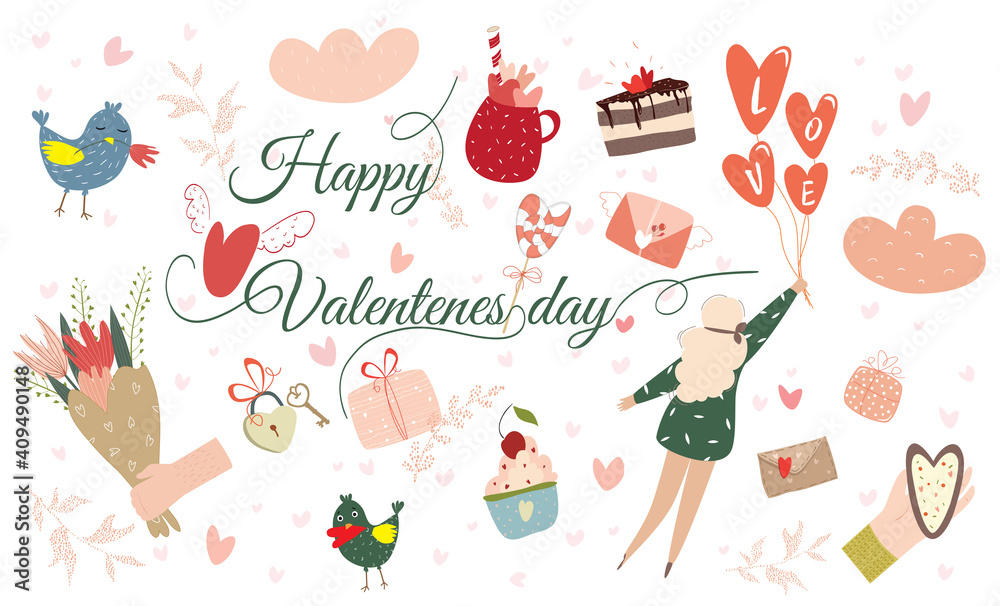 February 14. Vector cute objects and elements for Valentines Day cards: sweets, coffee, cake, key, candy, letter, rose, lollipop, bird. Girl with balloons. Drawings for postcard, stickers or banner