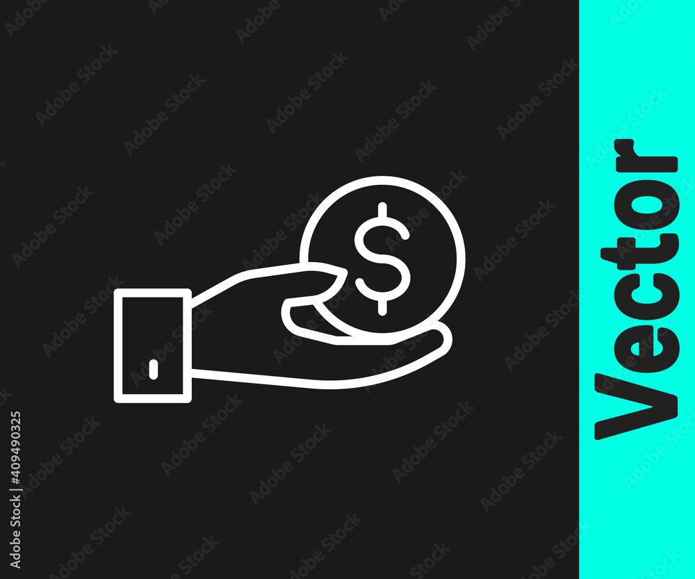 White line Human hand giving money icon isolated on black background. Receiving money icon. Vector. White line Human hand giving money icon isolated on black background. Receiving money icon. Vector.
