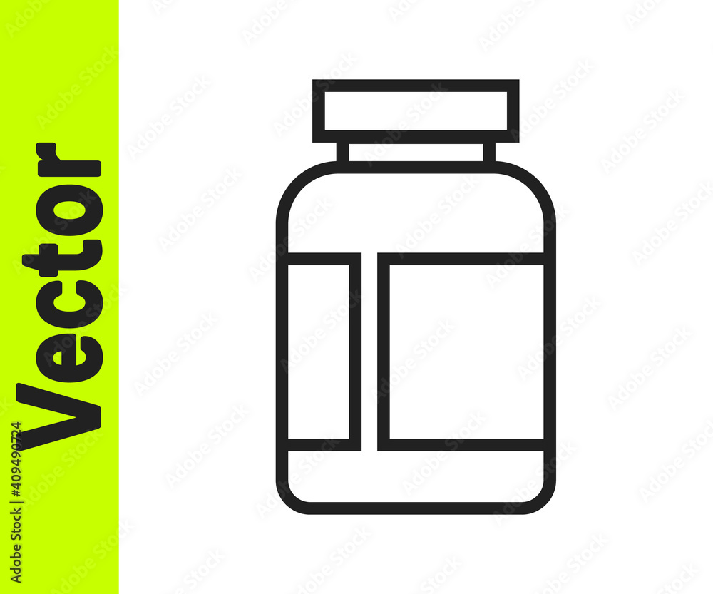 Black line Sports nutrition bodybuilding proteine power drink and food icon isolated on white background. Vector. Black line Sports nutrition bodybuilding proteine power drink and food icon isolated on white background. Vector.