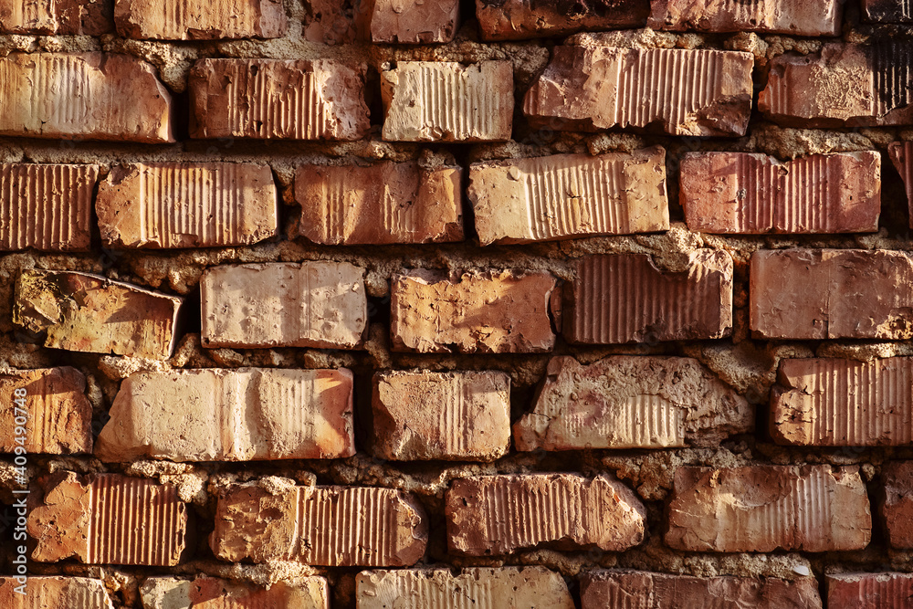 Brick old wall. Background of their old red brown clay bricks and traced lines. Ready background for your text and design Brick old wall. Background of their old red brown clay bricks and traced lines. Ready background for your text and design