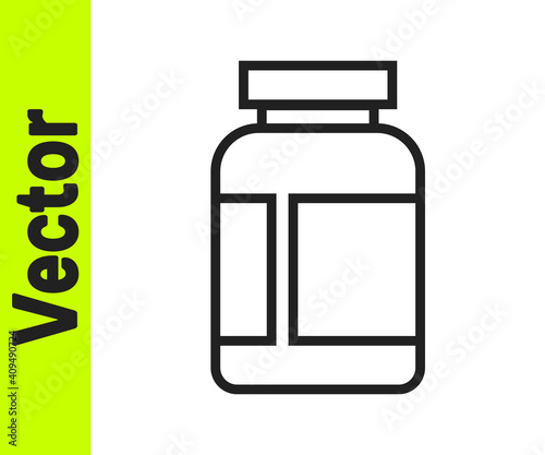 Black line Sports nutrition bodybuilding proteine power drink and food icon isolated on white background. Vector.
