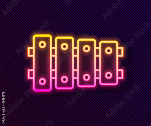 Glowing neon line Xylophone - musical instrument with thirteen wooden bars and two percussion mallets icon isolated on black background. Vector.