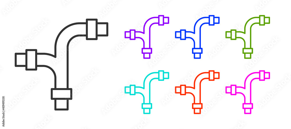 Black line Industry metallic pipe icon isolated on white background. Plumbing pipeline parts of different shapes. Set icons colorful. Vector. Black line Industry metallic pipe icon isolated on white background. Plumbing pipeline parts of different shapes. Set icons colorful. Vector.
