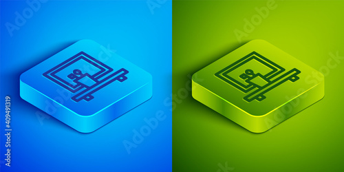 Isometric line Washbasin mirror icon isolated on blue and green background. Bathroom interior with a mirror. Square button. Vector.