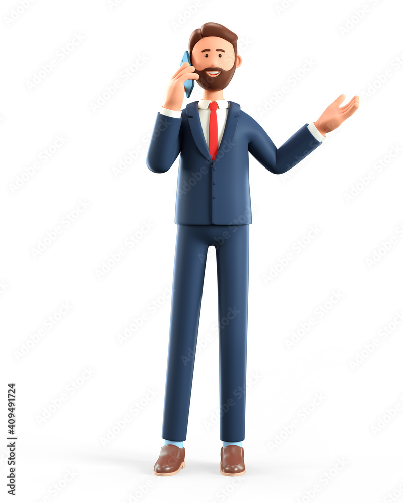 3D illustration of standing happy man talking on the smartphone and gesturing hand. Cute cartoon smiling bearded businessman on the phone call, isolated on white. 3D illustration of standing happy man talking on the smartphone and gesturing hand. Cute cartoon smiling bearded businessman on the phone call, isolated on white.