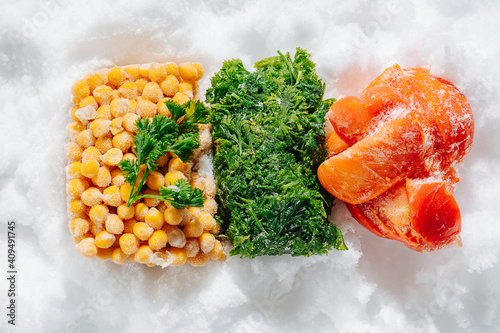 Colorful frozen briquettes of sea buckthorn berries, parcley greens and tomato slices on a grinded ice. top view. photo