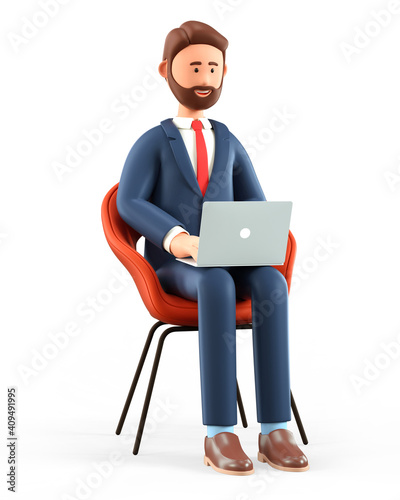 Wallpaper Mural 3D illustration of happy man with laptop and sitting in a chair. Cartoon smiling bearded businessman working in office and using social networks, isolated on white. Workplace concept. Torontodigital.ca