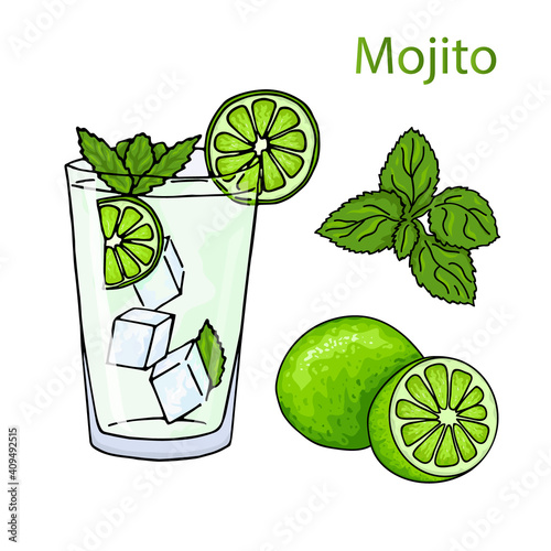 Hand drawing alcohol cocktail. Vector illustration. cartoon style. Summer green drink. Cold mojito cocktail poster.