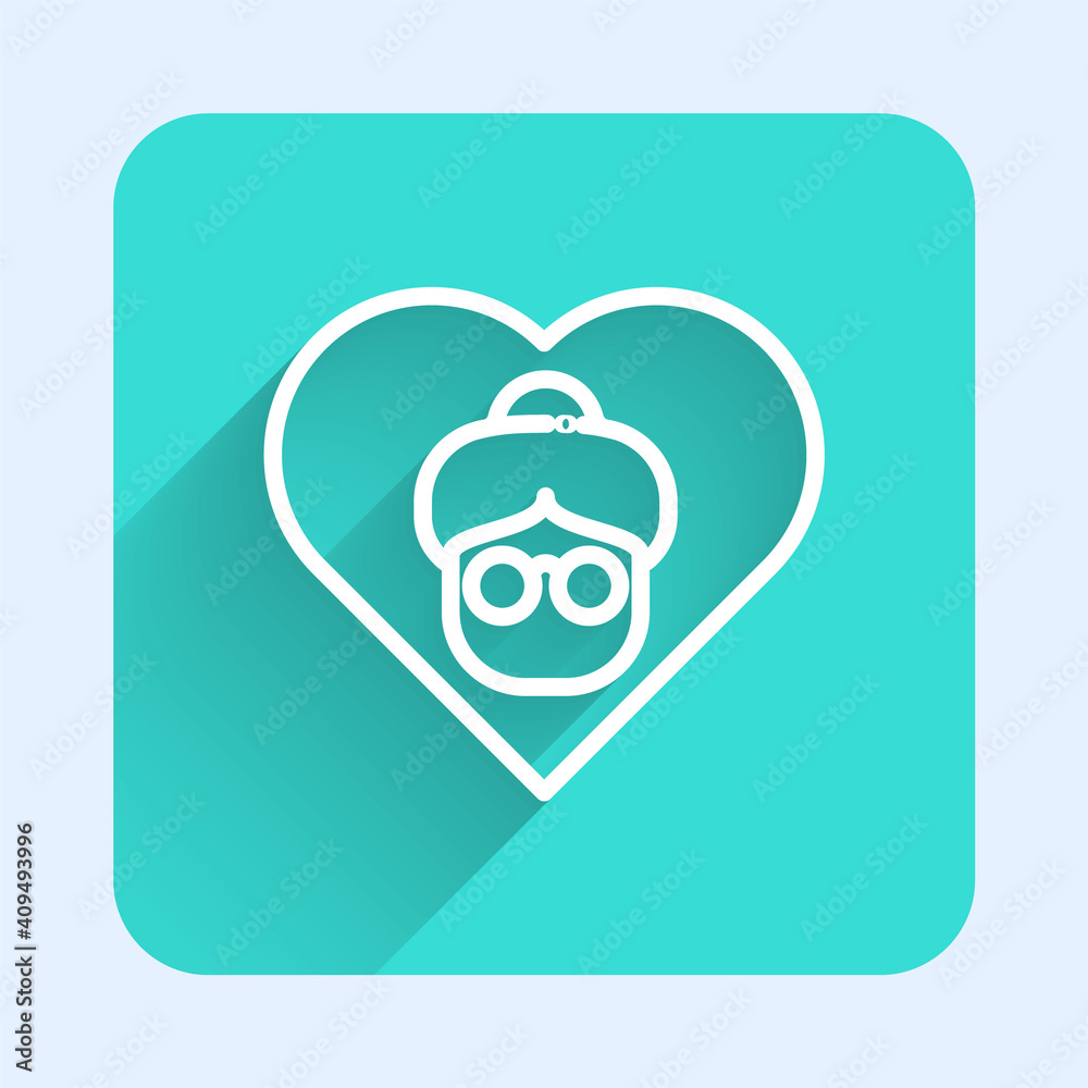 White line Grandmother icon isolated with long shadow. Green square button. Vector.