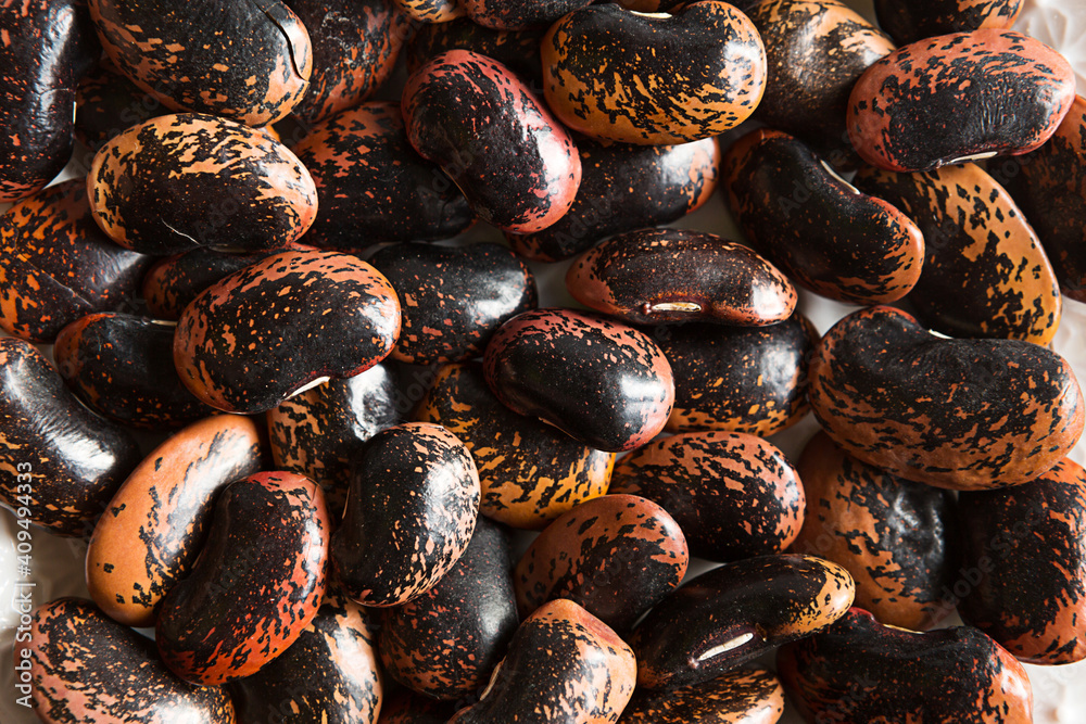 Red and black spotted beans close-up. The pattern of the haricot, background, texture. A healthy diet, a source of protein. Copy space Red and black spotted beans close-up. The pattern of the haricot, background, texture. A healthy diet, a source of protein. Copy space