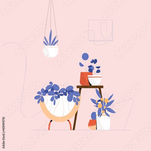 Composition with stylized potted houseplants. Vector illustration