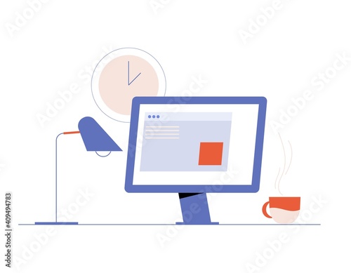 Workplace illustration with computer on the desk, lamp, coffee cup, wall clock. Vector home office and workplace concept.