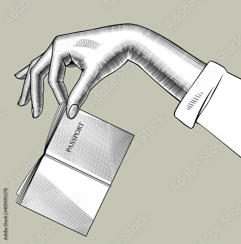 Hand holding a passport in the fingers. Vintage stylized drawing. Vector illustration 