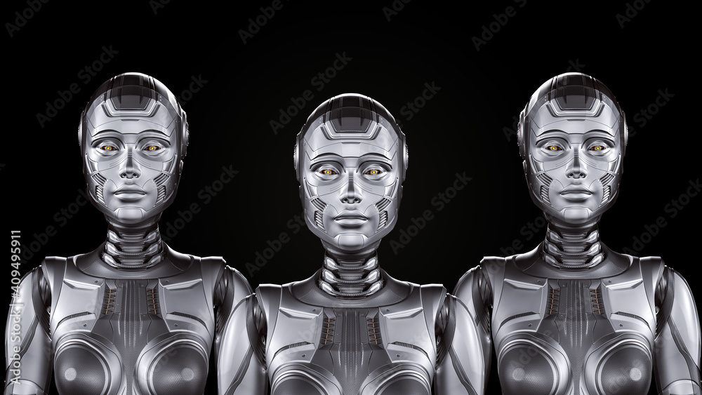 3d render of three detailed robot women or a group of cybernetic girls. Front view of the upper bodies isolated on black background 3d render of three detailed robot women or a group of cybernetic girls. Front view of the upper bodies isolated on black background