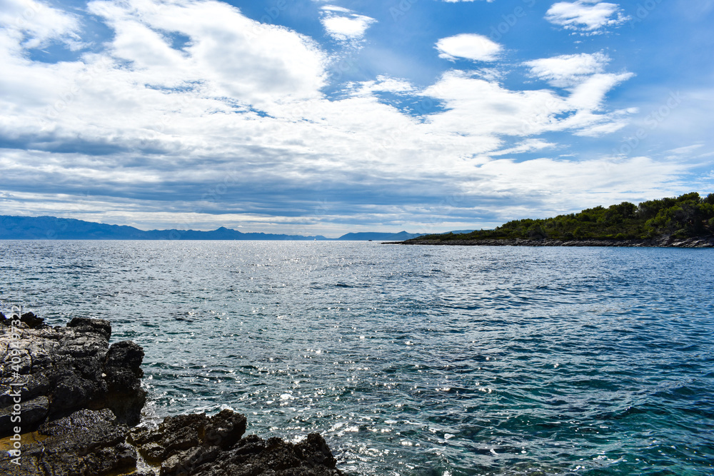 Beautiful Adriatic sea in Croatia. Green pine, rocks, blue water, Mudri Dolac, Basina bay Beautiful Adriatic sea in Croatia. Green pine, rocks, blue water, Mudri Dolac, Basina bay