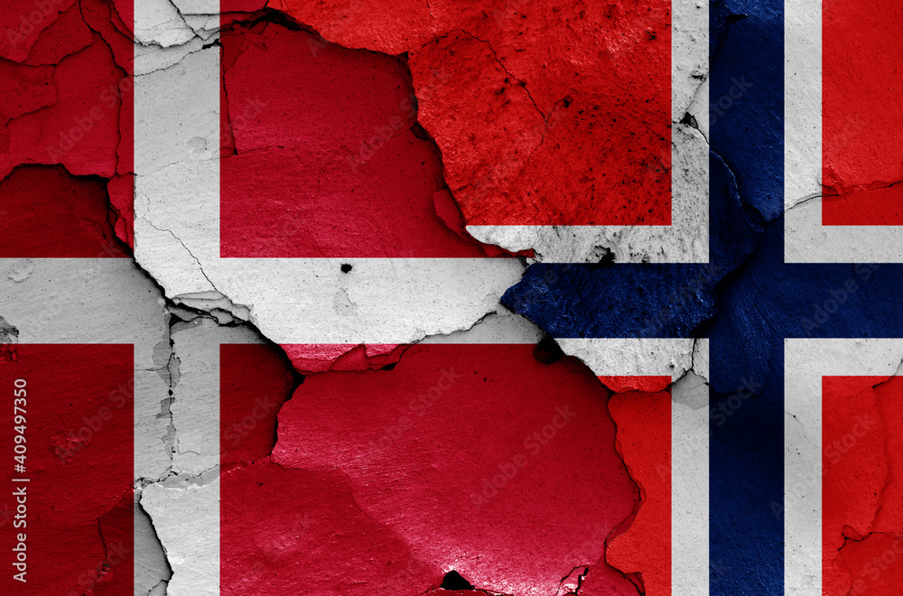 flags of Denmark and Norway painted on cracked wall