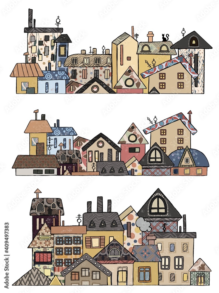 city building houses view skyline background real estate cute town concept horizontal banner flat illustration
