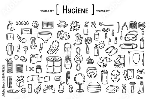 Vector hand drawn set on the theme of personal hygiene, remedies, protection. Isolated doodles for use in design. Toiletries set of icons
