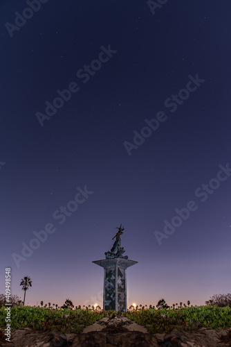 Cello playing mermaid statue stands tall under the clear night sky full of bright stars.