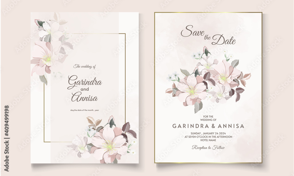  Floral wedding invitation template set with elegant  leaves Premium Vector