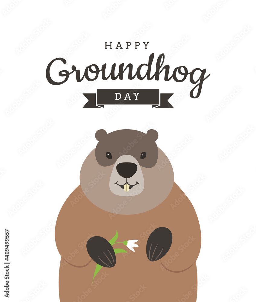 Happy Groundhog Day greeting card or poster design with text and cute marmot with snowdrop flower on white background. - Vector Happy Groundhog Day greeting card or poster design with text and cute marmot with snowdrop flower on white background. - Vector