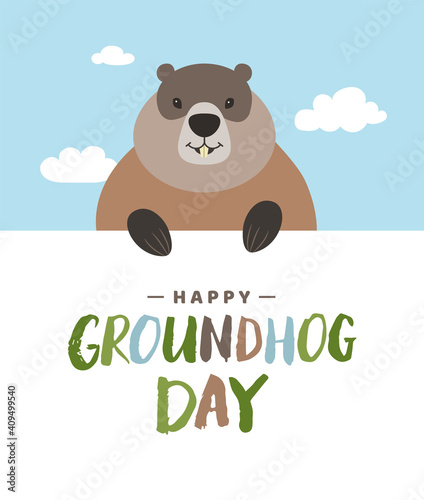 Happy Groundhog day card design template. Cute groundhog character illustration with colorful hand drawn text. - Vector