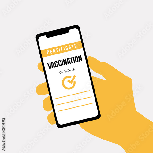 Online vaccine passport  that would be required for such activities as airline travel and live concerts. One sample. Flat vector illustration.