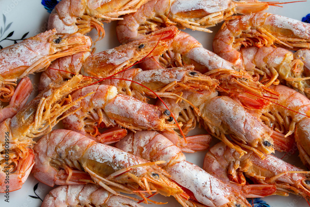 Fresh and delicious seafood, cooked shrimps. Whole cooked tiger prawn.Top view Fresh and delicious seafood, cooked shrimps. Whole cooked tiger prawn.Top view