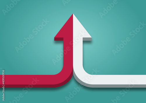 Bent arrow of two red and white ones merging on turquoise blue background. Partnership, merger, alliance and joining concept photo