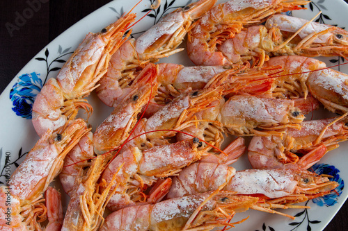Fresh and delicious seafood, cooked shrimps. Whole cooked tiger prawn.Top view