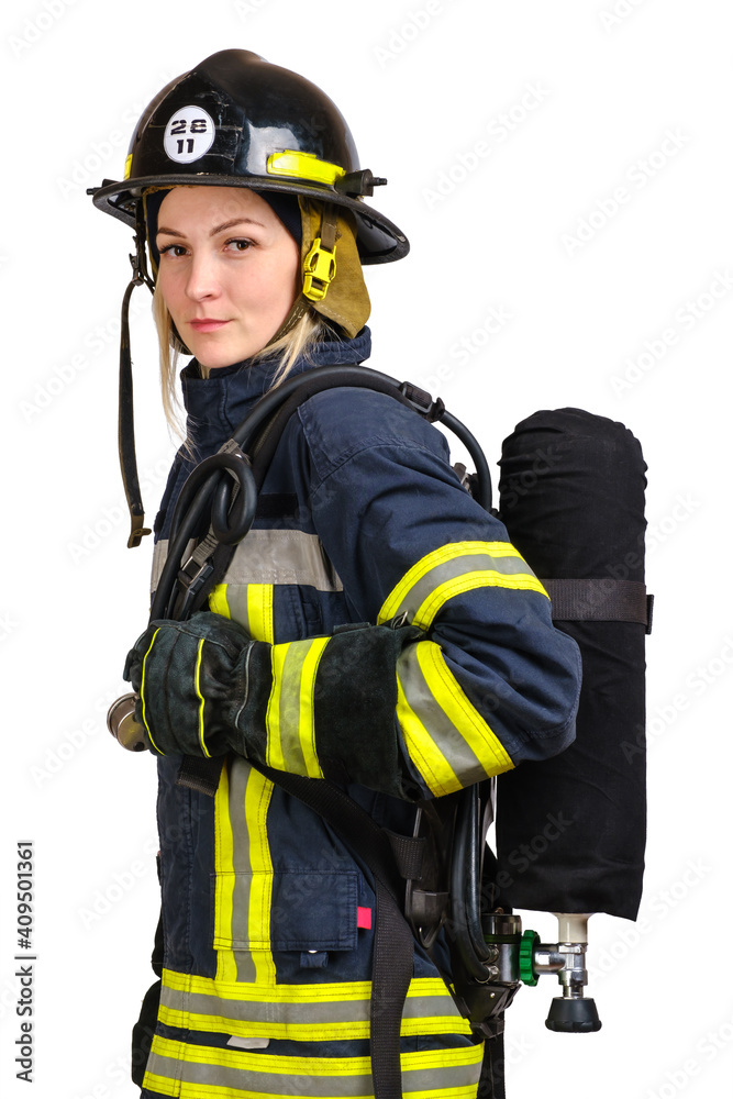Young caucasian woman in uniform of fireman posing in profile with Air Cylinder Assembly on her back isolated on white background