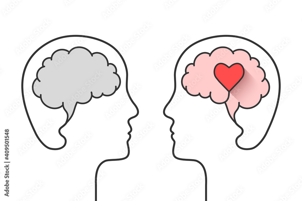 Emotional intelligence, mental health or wellbeing concept. Good mental hygiene with heart shape, brain and profile face outline. Abstract vector illustration in line art isolated on white background. Emotional intelligence, mental health or wellbeing concept. Good mental hygiene with heart shape, brain and profile face outline. Abstract vector illustration in line art isolated on white background.