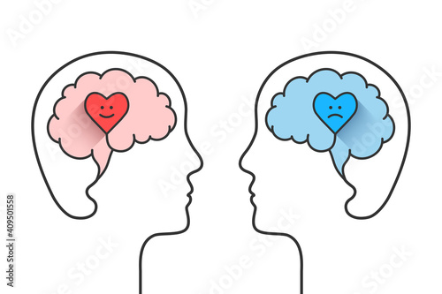 Human head and brain silhouette with happy and sad heart in comparison as mental health, depression or related psychological disorder concept. Vector illustration isolated on white background.