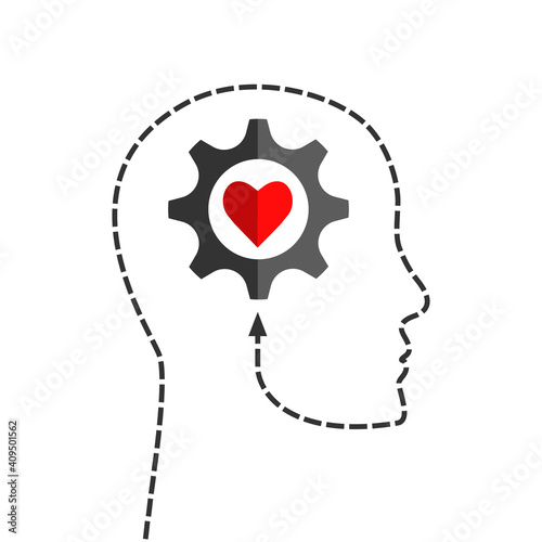 Human head silhouette made of dotted line with gear and heart shape inside as positive thinking, inspiration, mental health or emotional intelligence concept