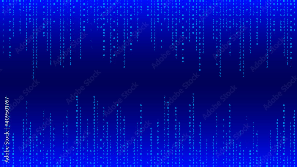 Blue matrix background. Falling numbers on screen. Technology stream binary code. Digital vector illustration. Hacking concept.
