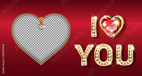 The word I love you. Gold letters in the shape of a heart with sparkling diamonds. Valentine s Day banner. Postcard photo frame with zipper closure. 3D realistic style on a dark background. Vector.