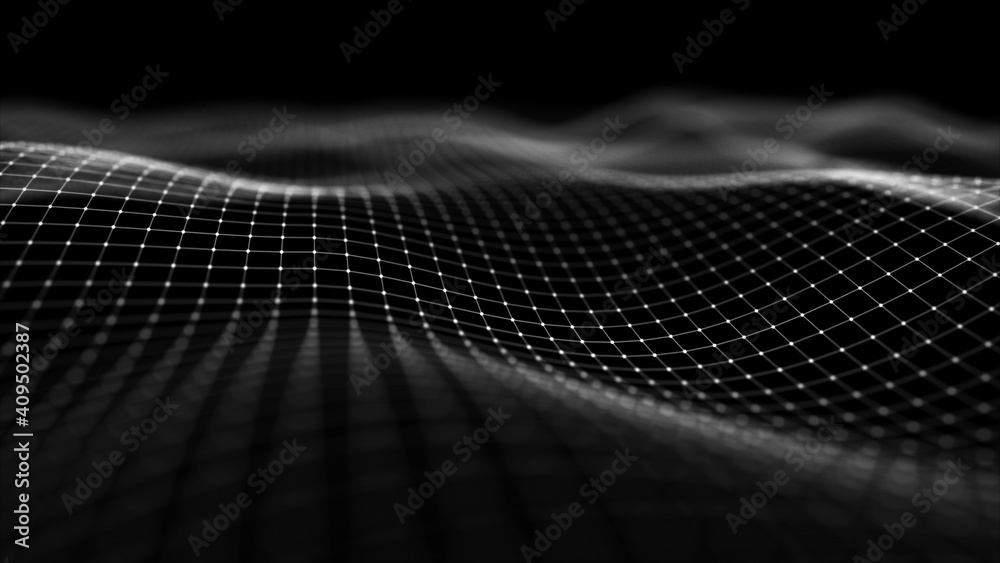 Abstract wave background with dots and lines moving in space. Technology illustration. Futuristic modern dynamic wave. 3d rendering.