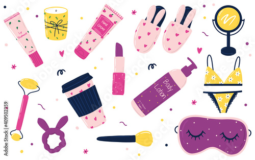 Collection of skincare routine organic products and cute girly things isolated on white background: cosmetics, underwear, face massager, scrunchy, mirror, makeup brush, candle, bunny slippers.