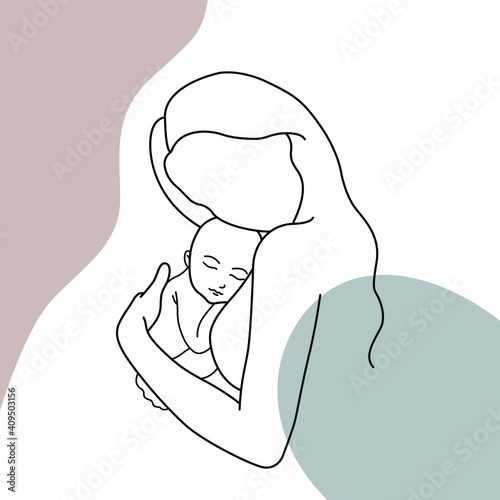 Minimalistic silhouette of woman holding baby. Mother and child. Modern illustration of mom with pastel colors. One line art.