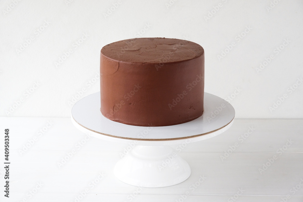 Chocolate cake on a white background.
