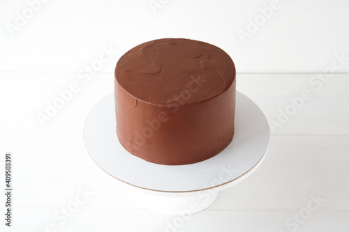 Chocolate cake on a white background.