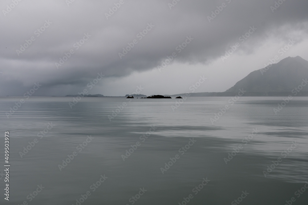 View of Hallo Bay, Katmai, Alaska on a still and foggy day