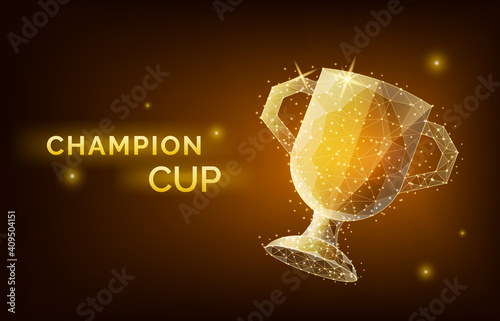 low poly trophy cup wireframe style. Concept of gold champion cup. Polygonal abstract isolated on black background. Vector illustration