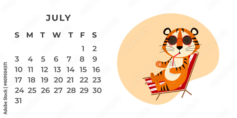Desktop calendar design template for July 2022, the year of the Tiger according to the Chinese calendar. Vector stock flat illustration.