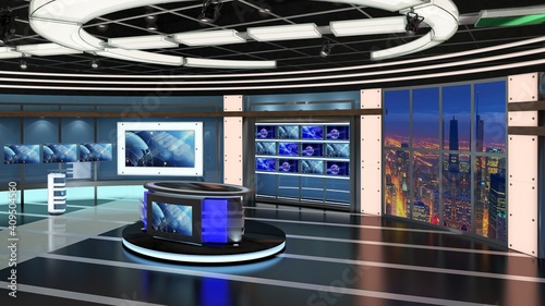 Fototapeta Naklejka Na Ścianę i Meble -  Virtual TV Studio News Set 27. Green screen background. 3d Rendering.