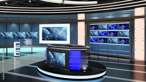 Virtual TV Studio News Set 27. Green screen background. 3d Rendering.