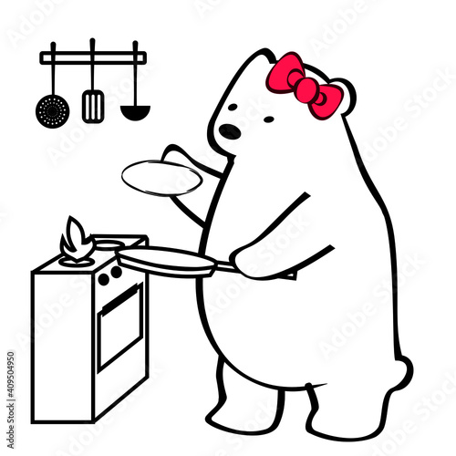 A cute polar bear cooking pancakes