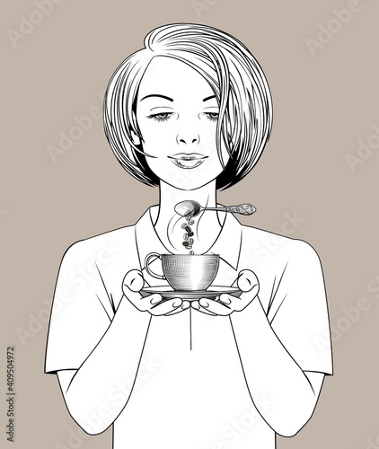 Girl holding in her hands a coffee cup and spoon pouring down coffee beans