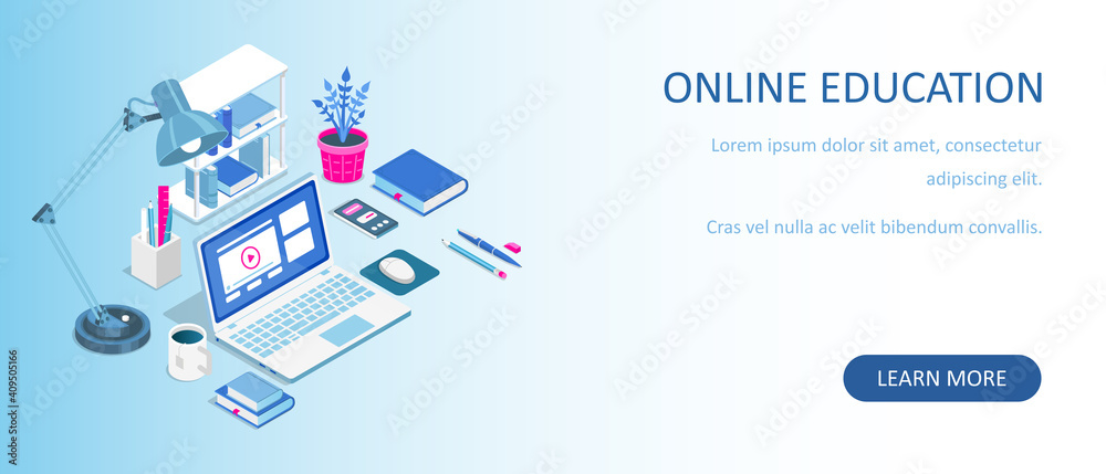 Learning online at home. Isometric composition with laptop and books. E-learning banner. Web courses or tutorials concept. Distance education flat vector illustration. Learning online at home. Isometric composition with laptop and books. E-learning banner. Web courses or tutorials concept. Distance education flat vector illustration.