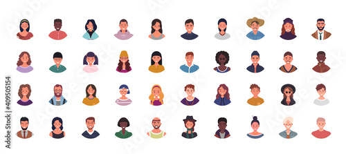 Set of various people avatars vector illustration. Multiethnic user portraits. Different human face icons. Male and female characters. Smiling men and women.